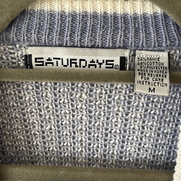 VTG 90S pastel chunky ramie cotton Blue and White Button-Up oversized Cardigan M - Picture 3 of 9